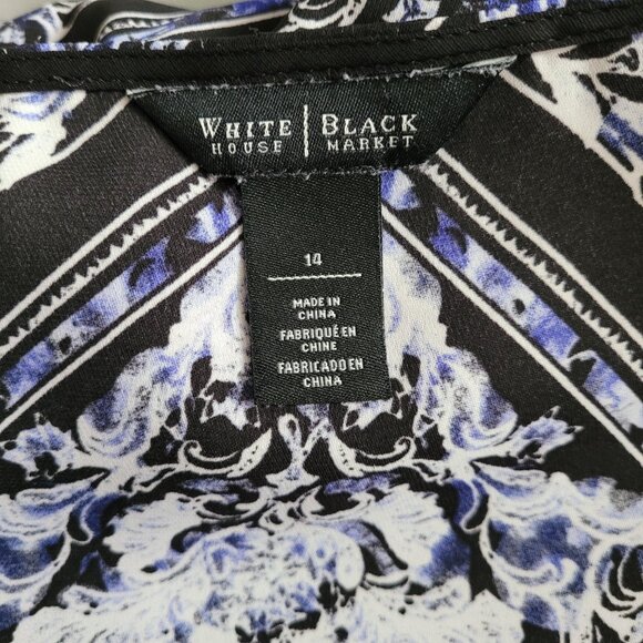White House Black Market Top Womens 14 Black Blue Print Crossover Faux Wrap - Picture 8 of 9
